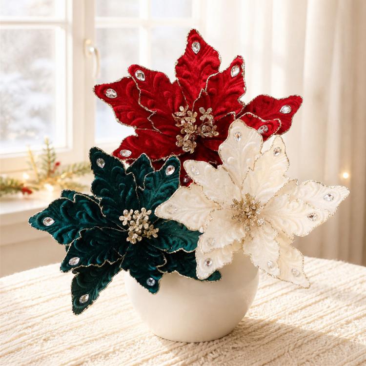 Artificial Flower Christmas Tree Ornament Festive Rhinestone-Embellished Flower Head Decorative Hanging Ornament