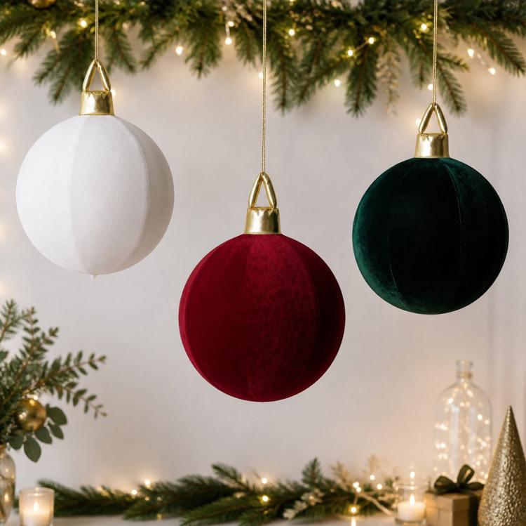 Velvet inflatable Christmas ball ornaments in red, green, and white with gold caps