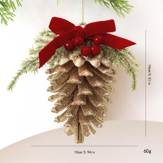 Gold Glitter Christmas Tree Ornament with Red Velvet Bow Pinecone Wreath Ball Hanging Decor, BOW-PINECONE, STAR-WREATH, HOLLOW-BALL, BOW-PENDANT