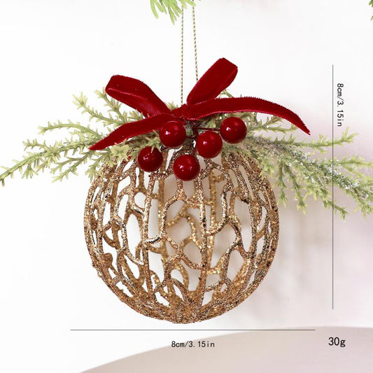 Gold Glitter Christmas Tree Ornament with Red Velvet Bow Pinecone Wreath Ball Hanging Decor, BOW-PINECONE, STAR-WREATH, HOLLOW-BALL, BOW-PENDANT