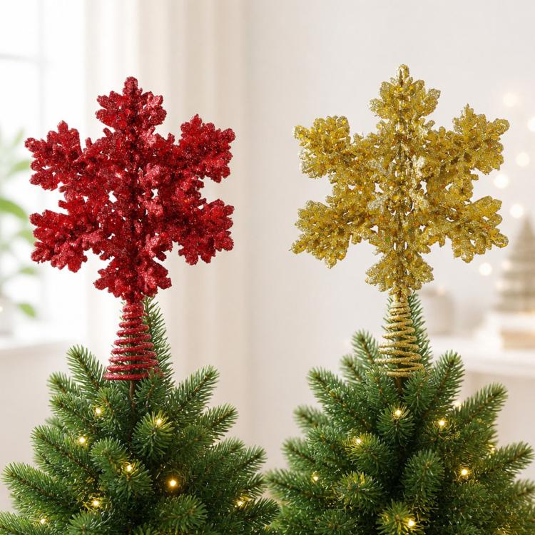 Glitter red and gold snowflake tree toppers with spiral metal stems