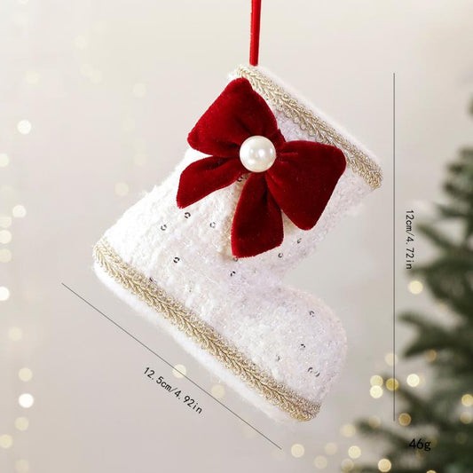 Christmas Boot Ornament with Red Velvet Bow & Pearl Accent 4.72 Inch Tweed Fabric Santa Boot Hanging Decor