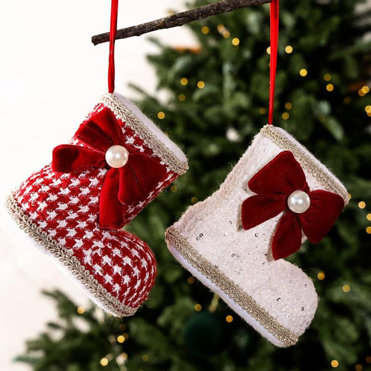 Christmas Boot Ornament with Red Velvet Bow & Pearl Accent 4.72 Inch Tweed Fabric Santa Boot Hanging Decor
