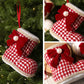 Hanging Christmas boot ornaments with red velvet bows and pearl beads—red plaid and white.