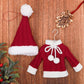 Mini knitted red sweater and red hat ornaments with white trim and hanging loops.
