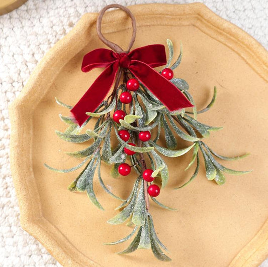 Artificial Mistletoe Hanging Ornament with Red Velvet Bow 11.8 Inch Frosted Greenery Berry Swag Decor