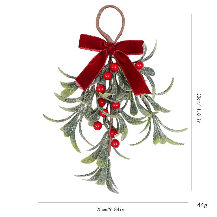 Artificial mistletoe hanging ornament with red velvet bow and red berries on frosted greenery, size shown