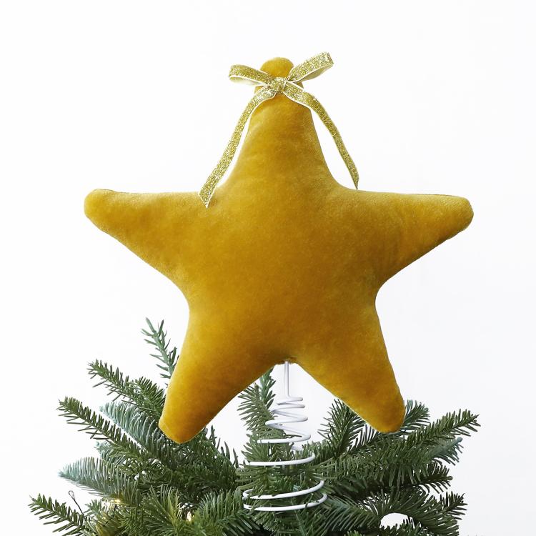Gold plush velvet star tree topper with bow and spiral spring base