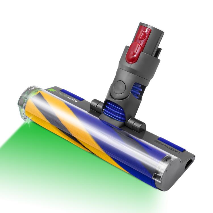 Dyson fluffy brush head for vacuum, blue/yellow bristles with green LED housing