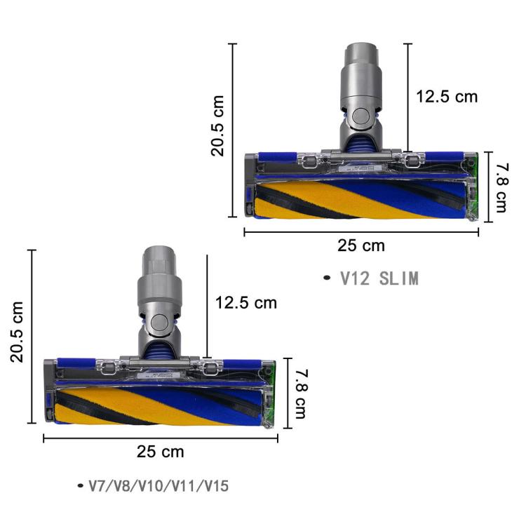Dyson brush head size: 25cm width, 20.5cm and 12.5cm heights (V7/V12 models)