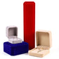 Velvet jewelry box set with red, gray, and beige octagonal boxes and necklace displays