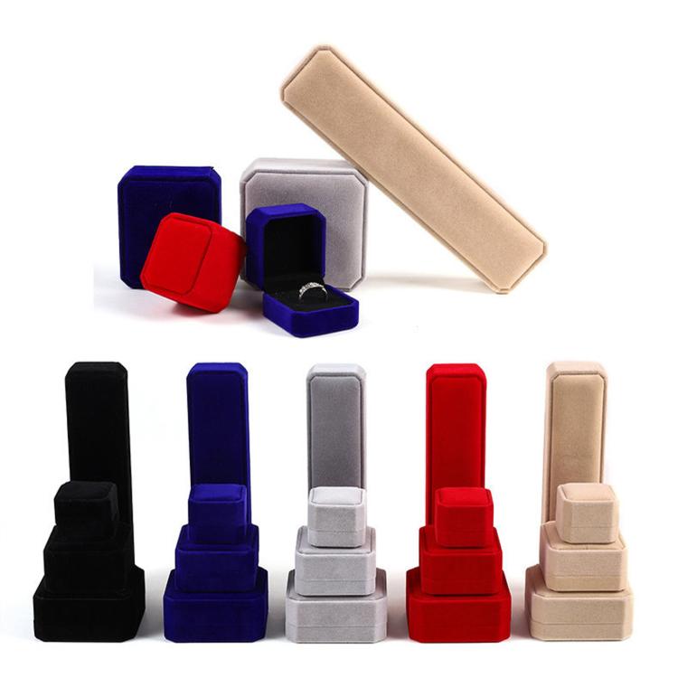 Octagonal velvet jewelry box color options in black, blue, gray, red, and beige