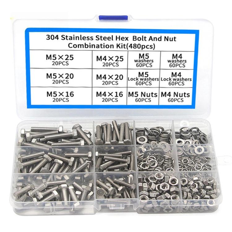 304 stainless hex bolt, nut and washer assortment kit in clear organizer, 480-piece mix