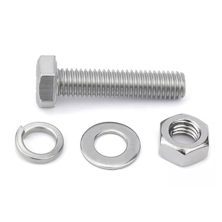 Stainless steel hex bolt with washer and hex nut, close-up hardware parts
