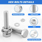 Stainless hex bolt and nut with flat and spring washers, hardware detail set