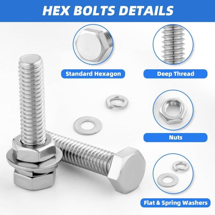 Stainless hex bolt and nut with flat and spring washers, hardware detail set