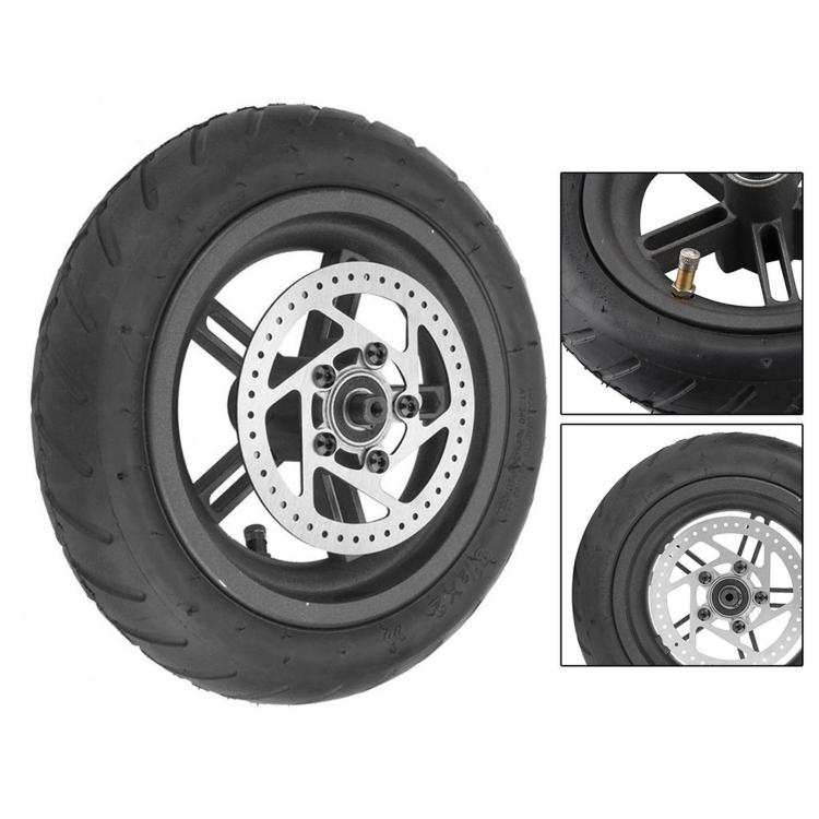 Pneumatic rear drive wheel with disc brake, black tire, silver rotor and spokes