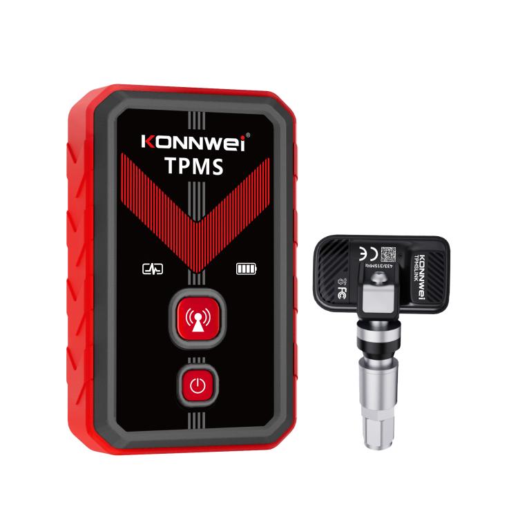 Red and black TPMS programming connector with wireless valve stem sensor