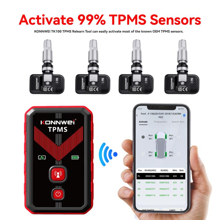 TPMS sensor pack with handheld phone screen and TPMS programming connector