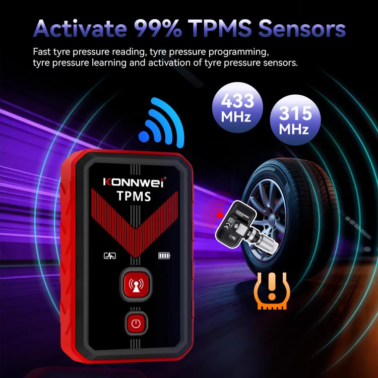 TPMS programming connector with wireless sensor shown near a wheel