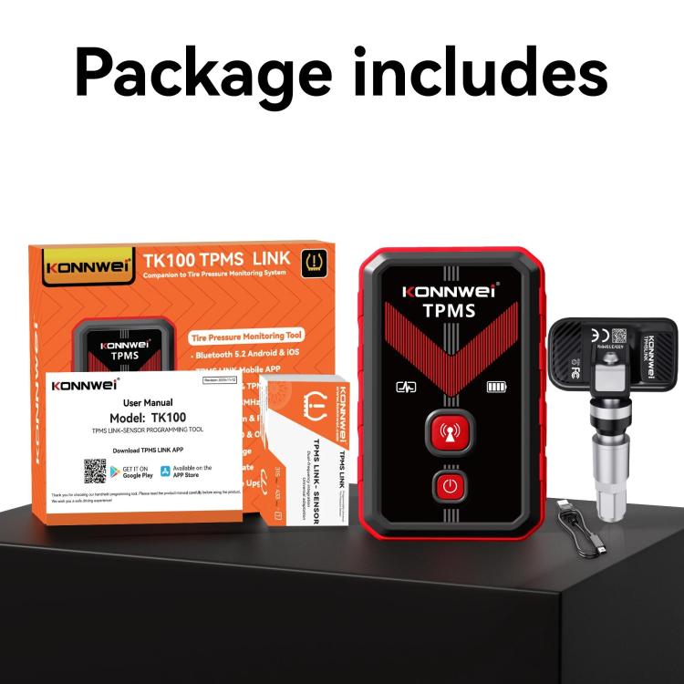 TPMS link kit packaging with red monitor unit, valve sensors, and user manual