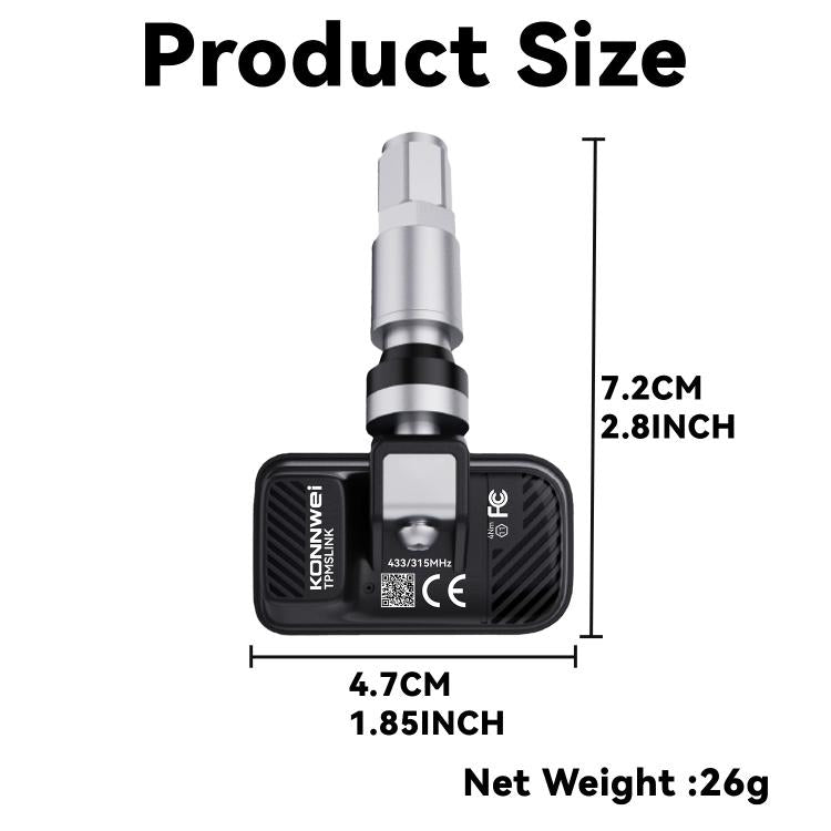 Valve stem TPMS sensor with metal connector and size markings