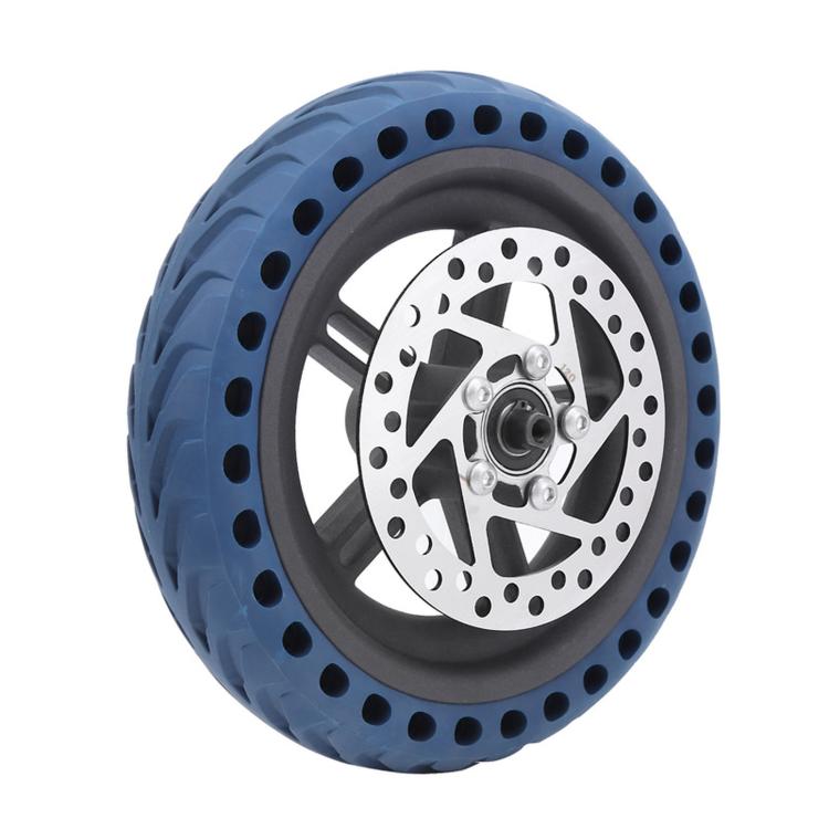 Blue solid rear scooter tire wheel with disc brake rotor and hub