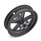 Angled view of black rear wheel hub with silver brake mount