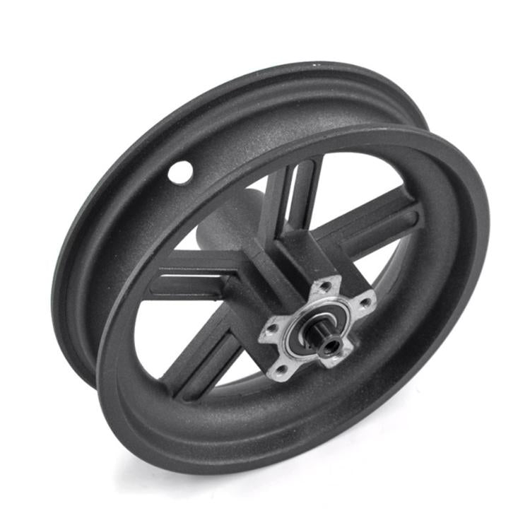 Angled view of black rear wheel hub with silver brake mount