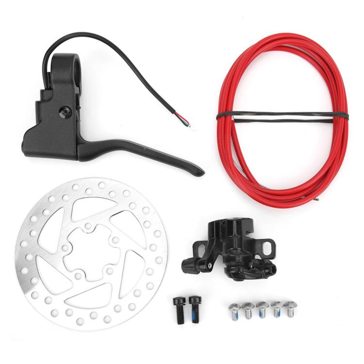 Disc brake kit components: black caliper, hand lever, 120mm rotor, red cable
