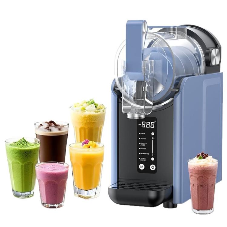 Electric slushy machine with clear freezing chamber, dark control panel, and front drip tray