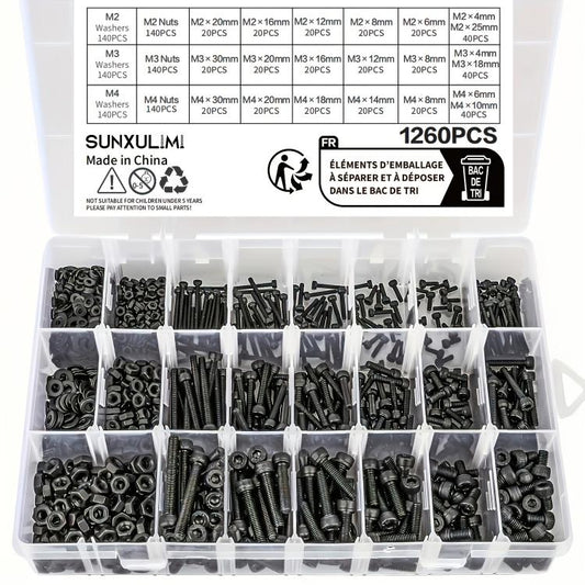 1260 PCS/Box M2 M3 M4 Socket Head Cap Screws Kit Alloy Steel Metric Bolts Nuts Washers Set