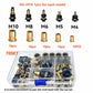 Assorted rivet nut mandrels and brass rivet nuts labeled M4 to M10 in plastic organizer