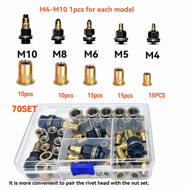 Assorted rivet nut mandrels and brass rivet nuts labeled M4 to M10 in plastic organizer