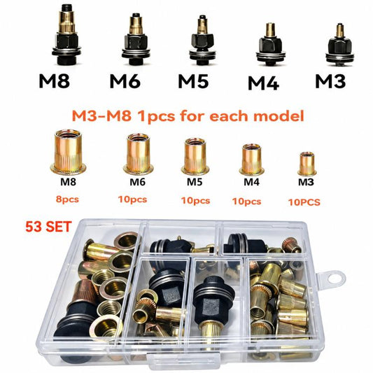 Metric Rivet Nut Mandrel Kit Threaded Insert Rivnut Assortment Set, 60 PCS/Box M3-M8, 70 PCS/Box  M4-M10, 53 PCS/Box M3-M8, 77 PCS/Box M3-M12