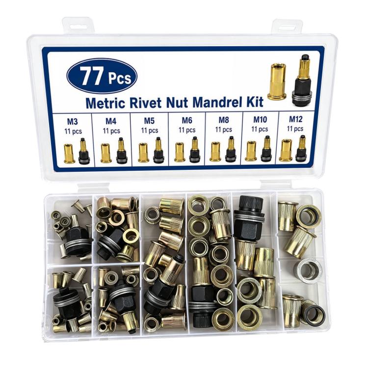 Metric rivet nut mandrel kit with 77 brass inserts and black mandrel tools in case