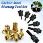 Carbon steel rivet nut riveter tool set with brass rivet nuts and black mandrels