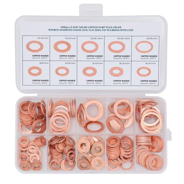200-piece solid copper crush washer set, assorted metric flat sealing rings in box