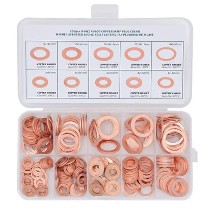 200-piece solid copper crush washer set, assorted metric flat sealing rings in box