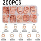 Copper crush washer set with 200 pcs in clear tray, multiple sizes shown