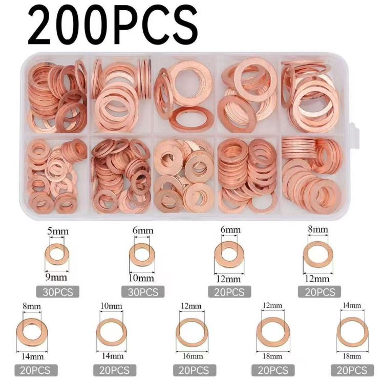 Copper crush washer set with 200 pcs in clear tray, multiple sizes shown