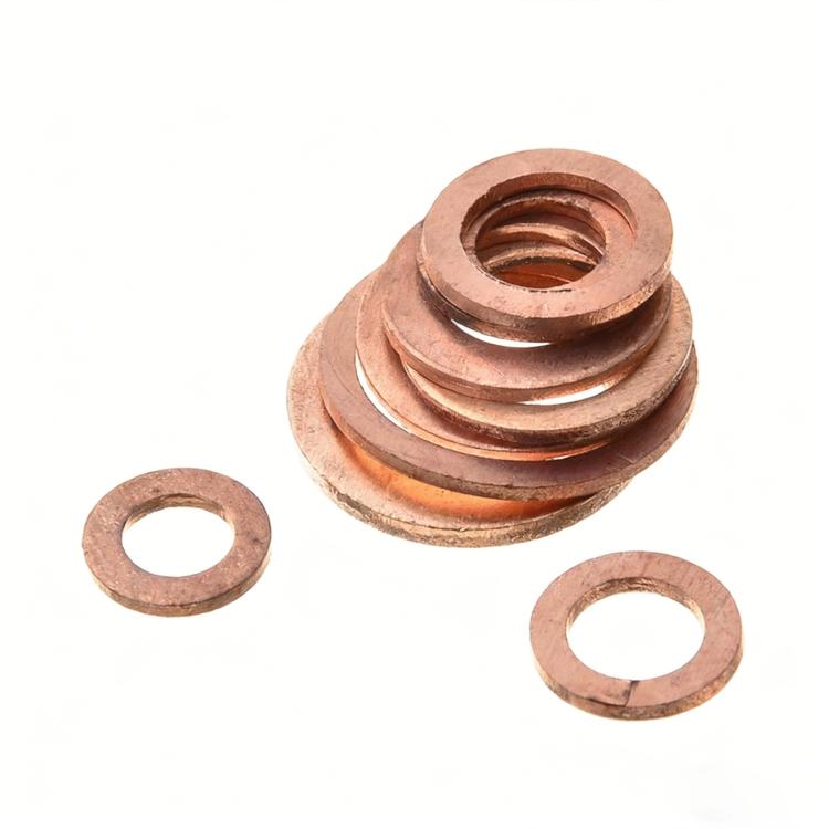 Solid copper crush washers stack with two loose flat washers
