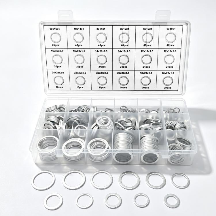 Aluminum sealing flat washers assortment in clear plastic storage case