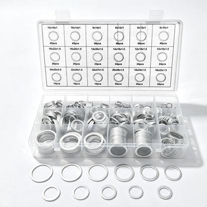 Aluminum sealing flat washers assortment in clear plastic storage case