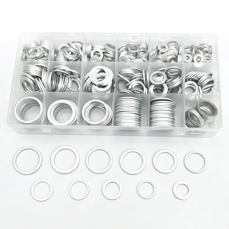 Aluminum sealing flat washers assortment tray with loose round washer rings