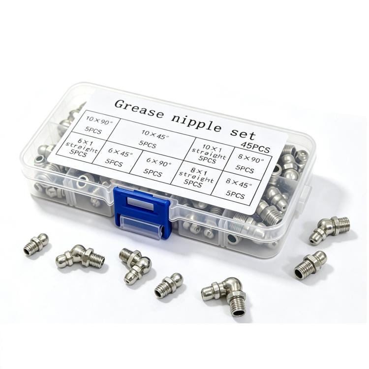 Grease nipple assortment kit with assorted metal fittings in clear compartment box