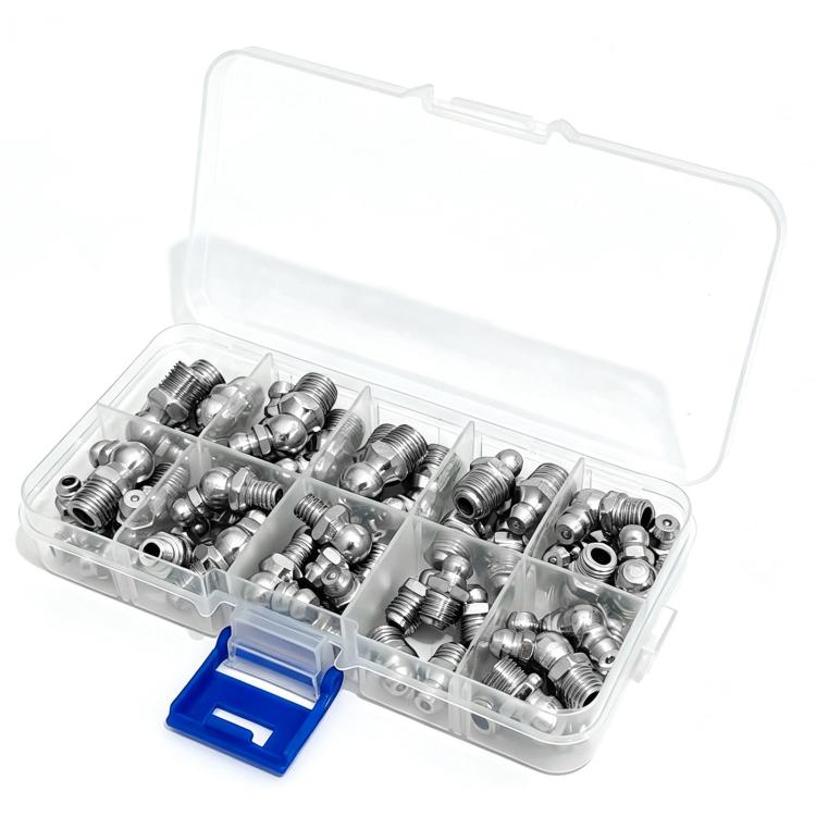 Grease nipple assortment kit box open with many metal grease fittings and blue latch