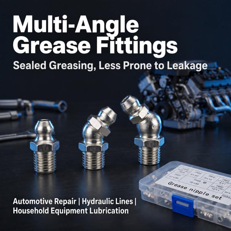 Multi-angle grease fittings set with three metal nipples and lube fitting case