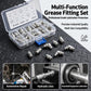 Multi-function grease fitting set in clear box with assorted metal nipples