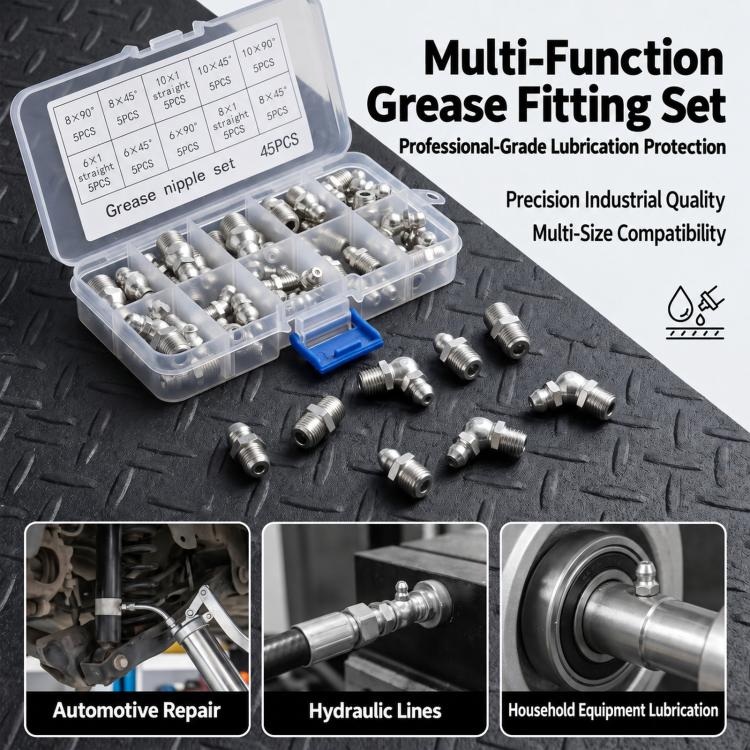 Multi-function grease fitting set in clear box with assorted metal nipples